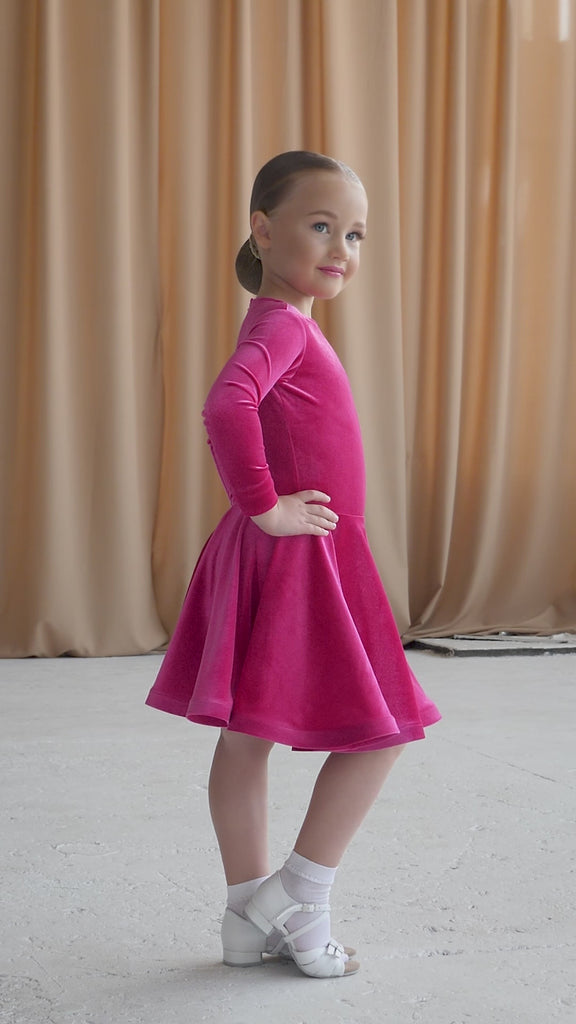 Girl's "Adeline" Bright Pink Velour Juvenile Competition Dress