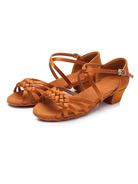Girl's Latin & Ballroom Dark Tan Criss-Cross Braid Dance Shoes