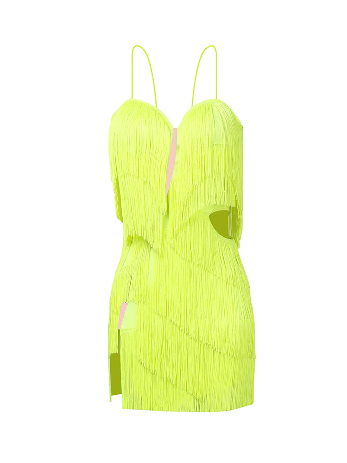 Girl's Neon Yellow Body Twist Fringe Dress