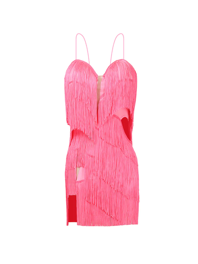 Women's Hot Pink Latin Twist Fringe Dress